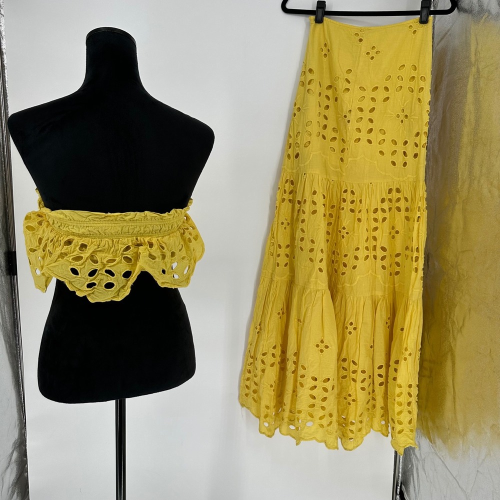 Luxxel Yellow Eyelet Matching 2 Pc Set Strapless Top Maxi Long Skirt Summer S/M - Picture 3 of 6